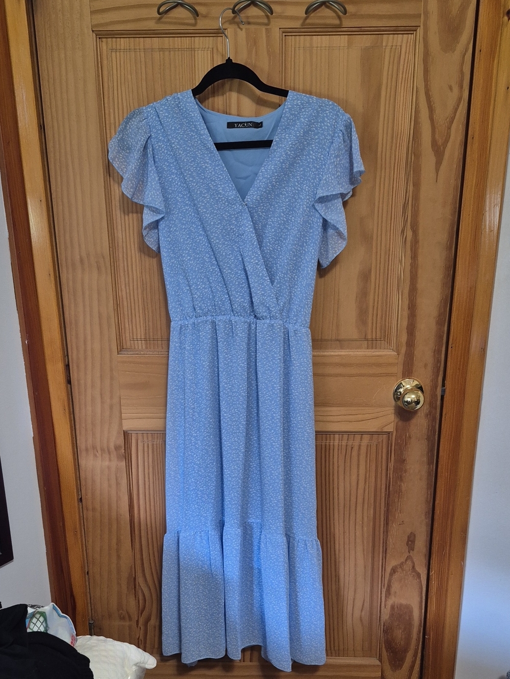 Light Blue Floral Wrap Midi Dress with Flutter Sleeves